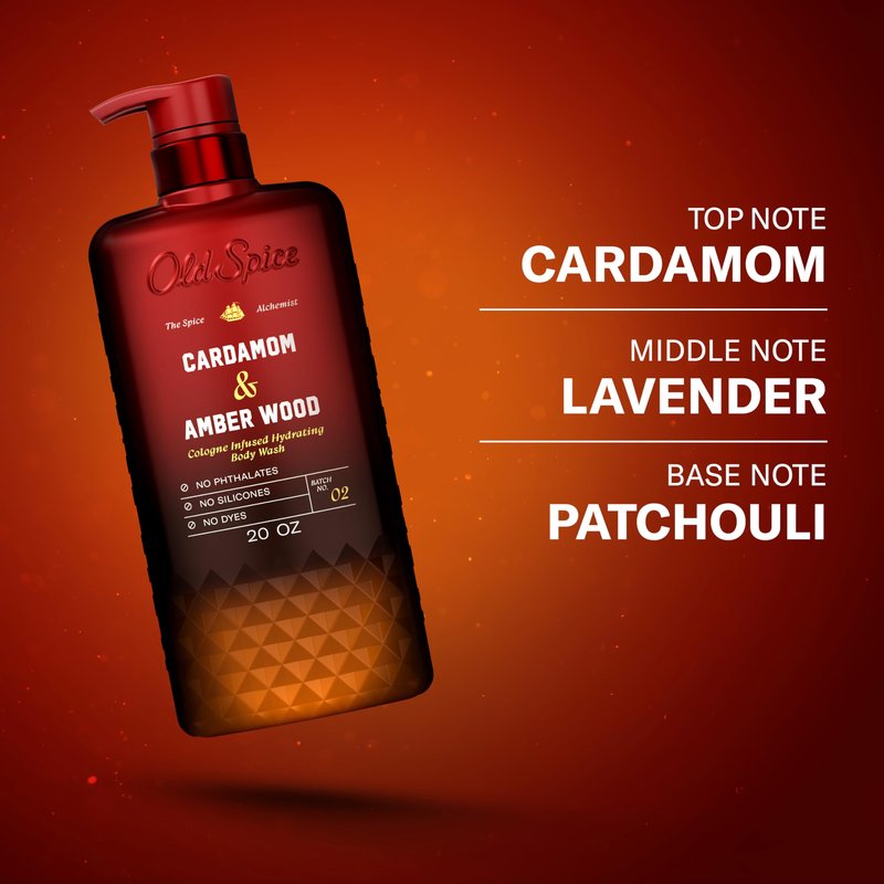 Old Spice Body Wash for Men, The Spice Alchemist Collection, 24/7 Cologne Infused Hydration, No Trade Off Formula, Free of Phthalates Silicones & Dyes, Cardamom + Amber Wood Scent, 20 oz