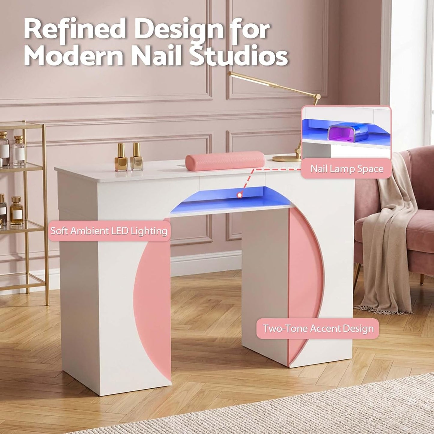 Skiennix Nail Desk - Professional Manicure Table with Dust Collector & LED Lights | White & Pink Accent
