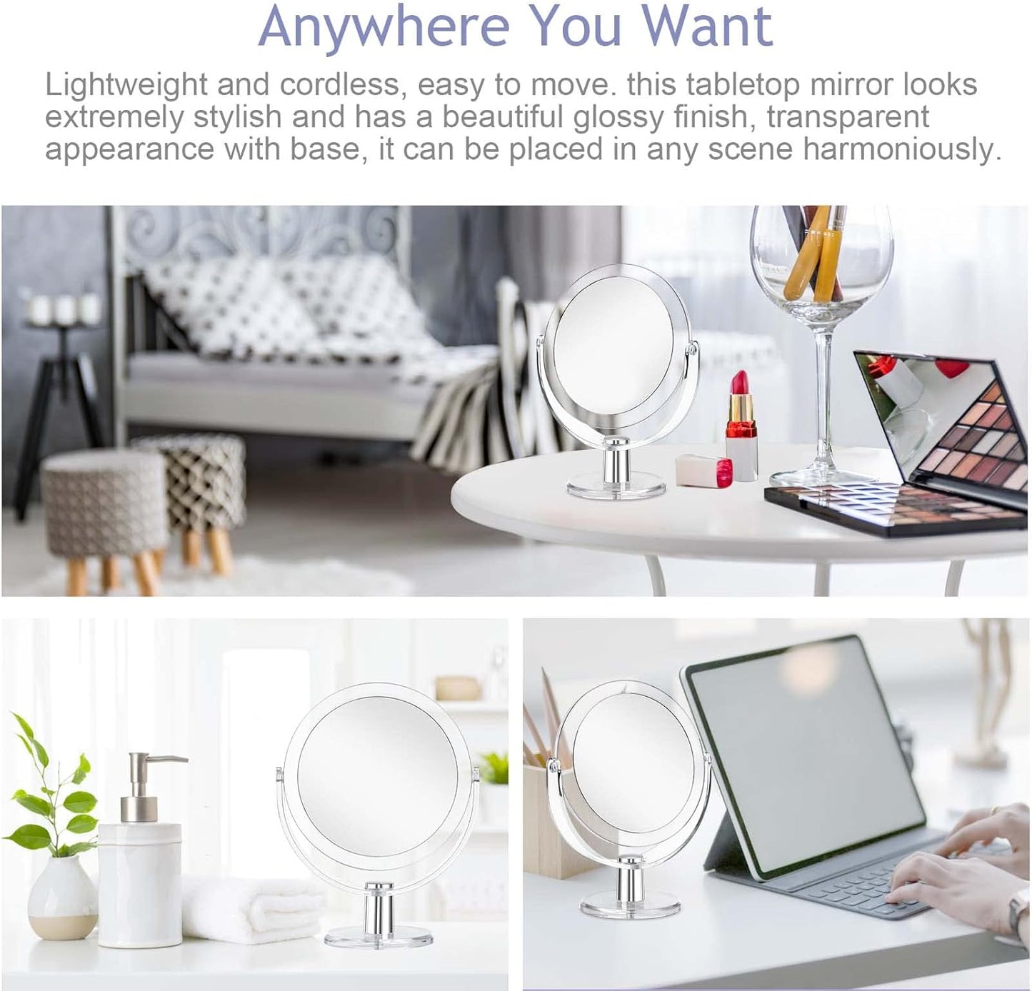 Vanity Makeup Mirror - 1X/15X Double-Sided Magnification | 360° Swivel, Portable Tabletop Design, 6.25 Inch