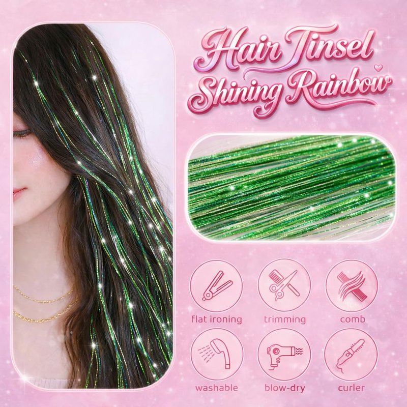 Green Hair Tinsel - 8 Pcs Glitter Hair Extension Kit for Festivals | 48 Inch, 3200 Strands
