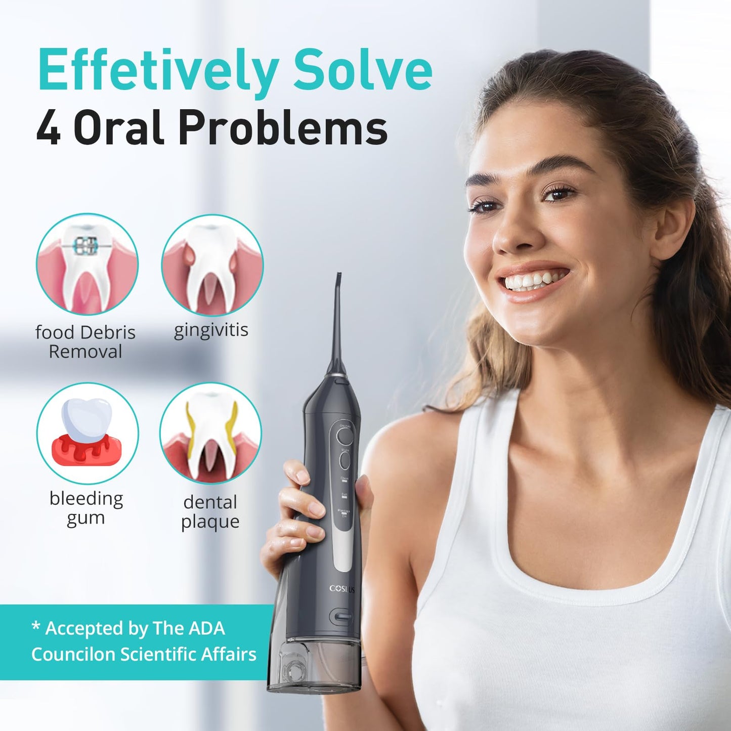 COSLUS Water Dental Flosser Teeth Pick C20: ADA Accepted, Portable Cordless Oral Irrigator 300ML Rechargeable Travel Irrigation Cleaner IPX7 Waterproof Electric Flossing Machine for Teeth, Grey