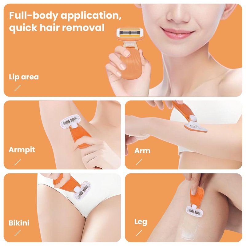 Keropy Women's Travel Razor with Lubricating Strip – 5-Blade Compact Shaver for Sensitive Skin, Includes 1 Handle + 2 Cartridges & Protective Case, Orange