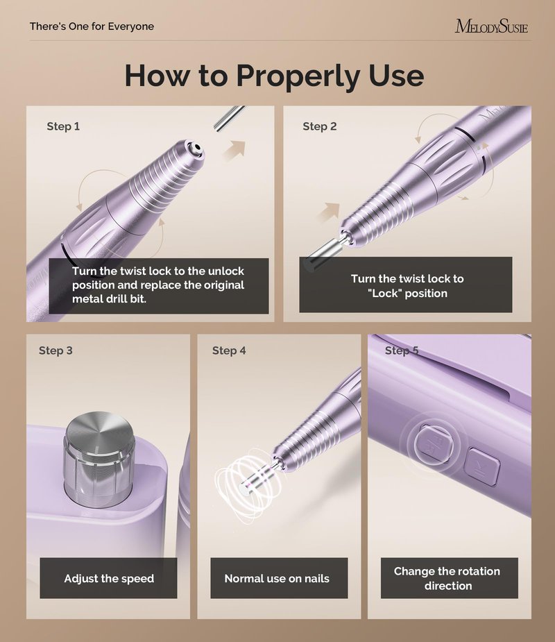 MelodySusie Entry-Level Clip-On Rechargeable Essential Nail Drill, SC300F 30000RPM E-File with LCD Display for All Manicure Shaping & Gel Removal,Ideal for Training,Nail Art Practice & Home Use,Purple