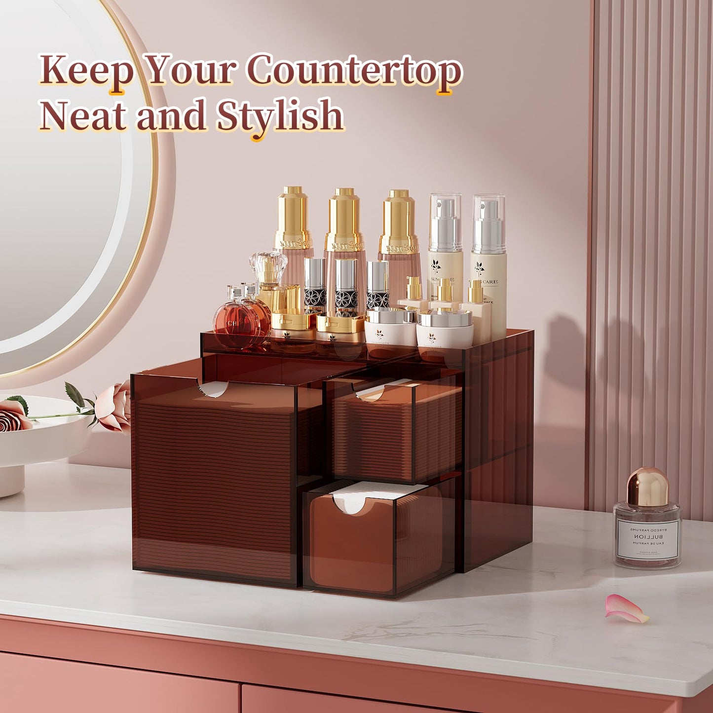 Youdepot Amber Acrylic Face Towel Holder with 3 Drawers, Disposable Face Towel Organizer for XL Facial Towels, Cotton Pads, Swabs, Skincare Tools, Bathroom Vanity Countertop Storage Box.