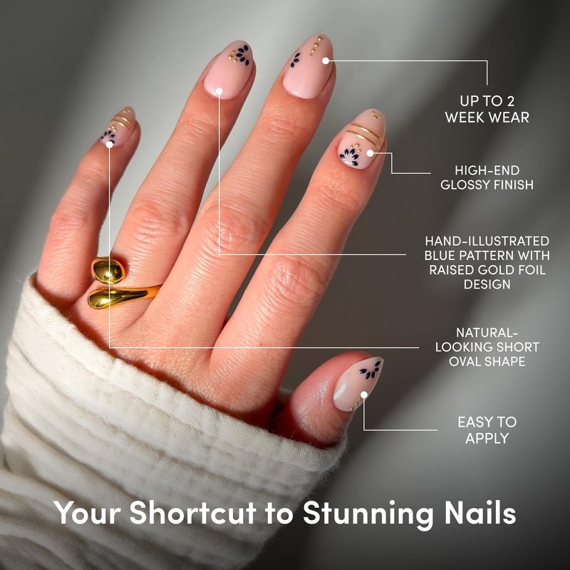 Glamnetic Press On Nails - Short Oval Fake Nails with Greek-inspired Patterns, Gold Foil & Glossy Finish | Salon Quality Vacation Nails | Myko Muse | 15 Sizes - 30 Nail Kit with Glue