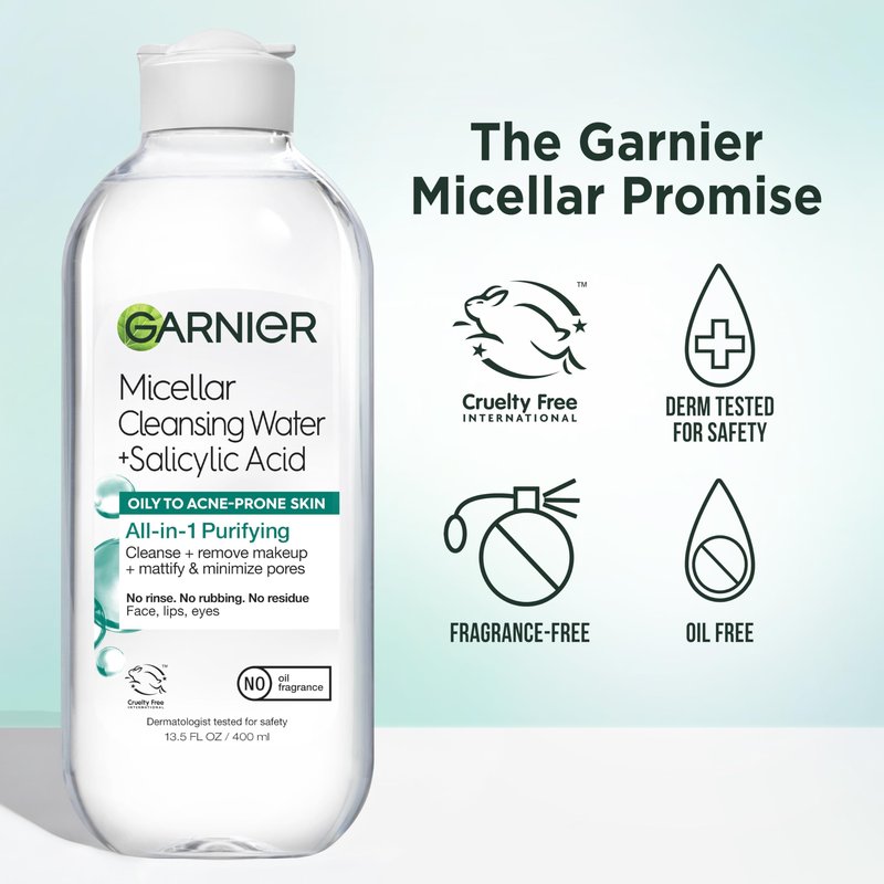 Garnier Micellar Water with Salicylic Acid, All-in-1 Mattifying Facial Cleanser and Makeup Remover for Oily and Acne Prone Skin, 13.5 Fl Oz, Pack of 2