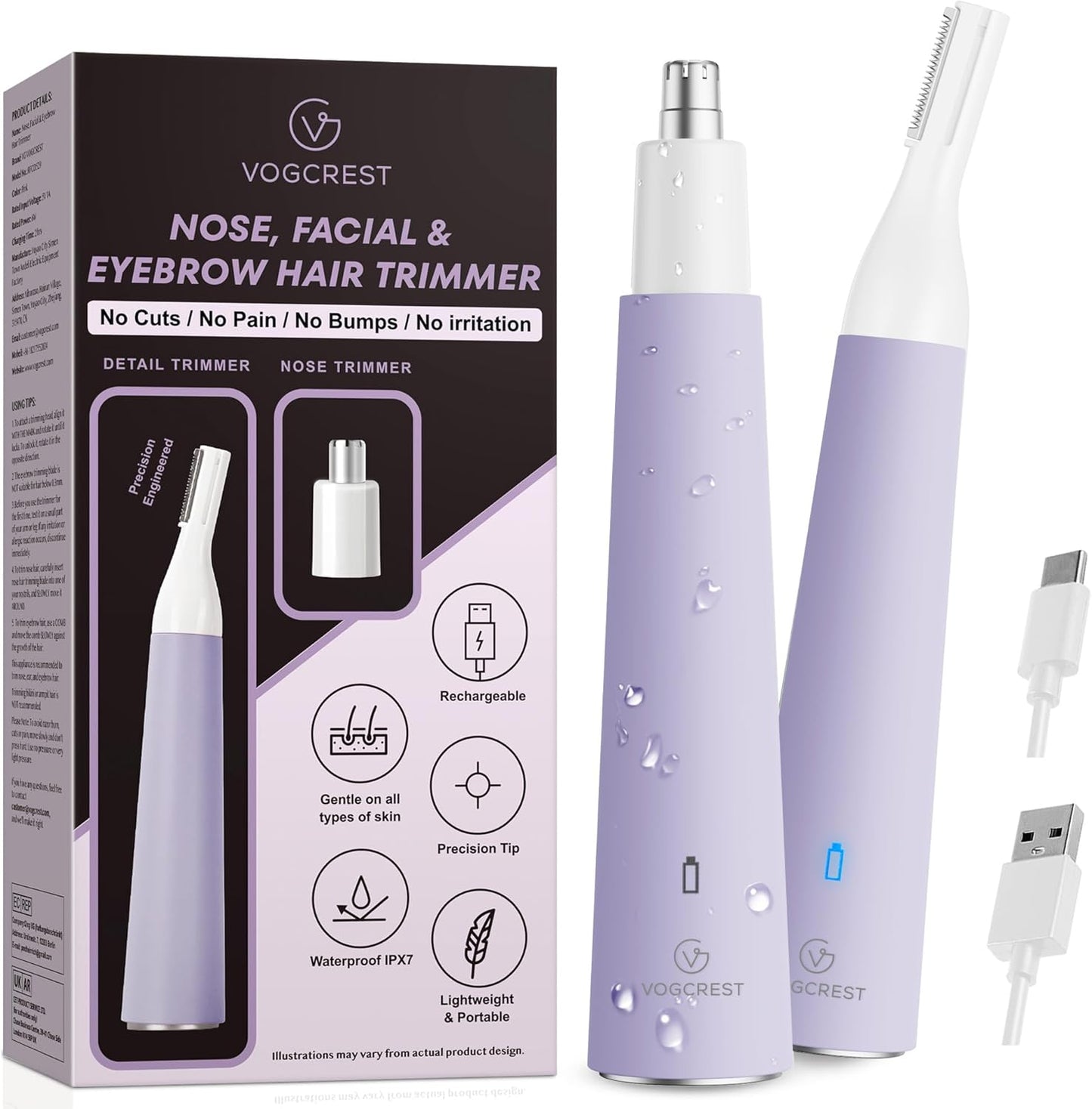 VG VOGCREST Nose Hair Trimmer for Women - Rechargeable 2-in-1 Ear & Eyebrow Trimmer | Purple