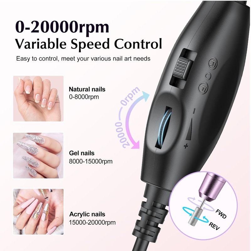 COSLUS Electric Nail Drill File - Professional Acrylic Gel Dip Powder Manicure Kit | Portable Polishing Tools with Drill Bits & Sanding Bands