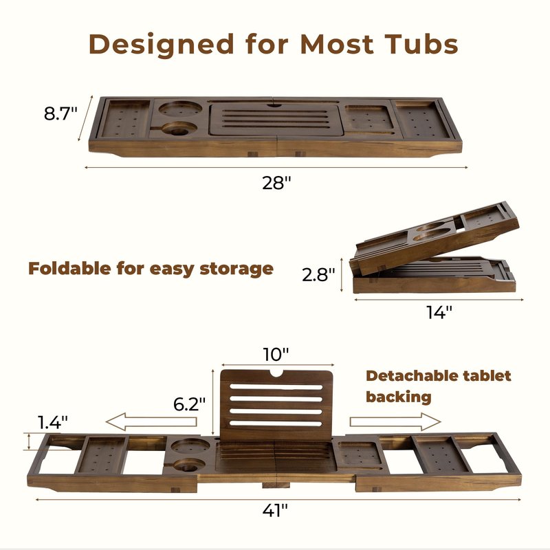 Teak Bathtub Tray, Wooden Tray Caddy for Bathtub, Luxury Bathroom Trays for Home Spa Relaxation, Teak Bathtub Caddy as Housewarming, Wedding Gifts for Women (Walnut Teak)