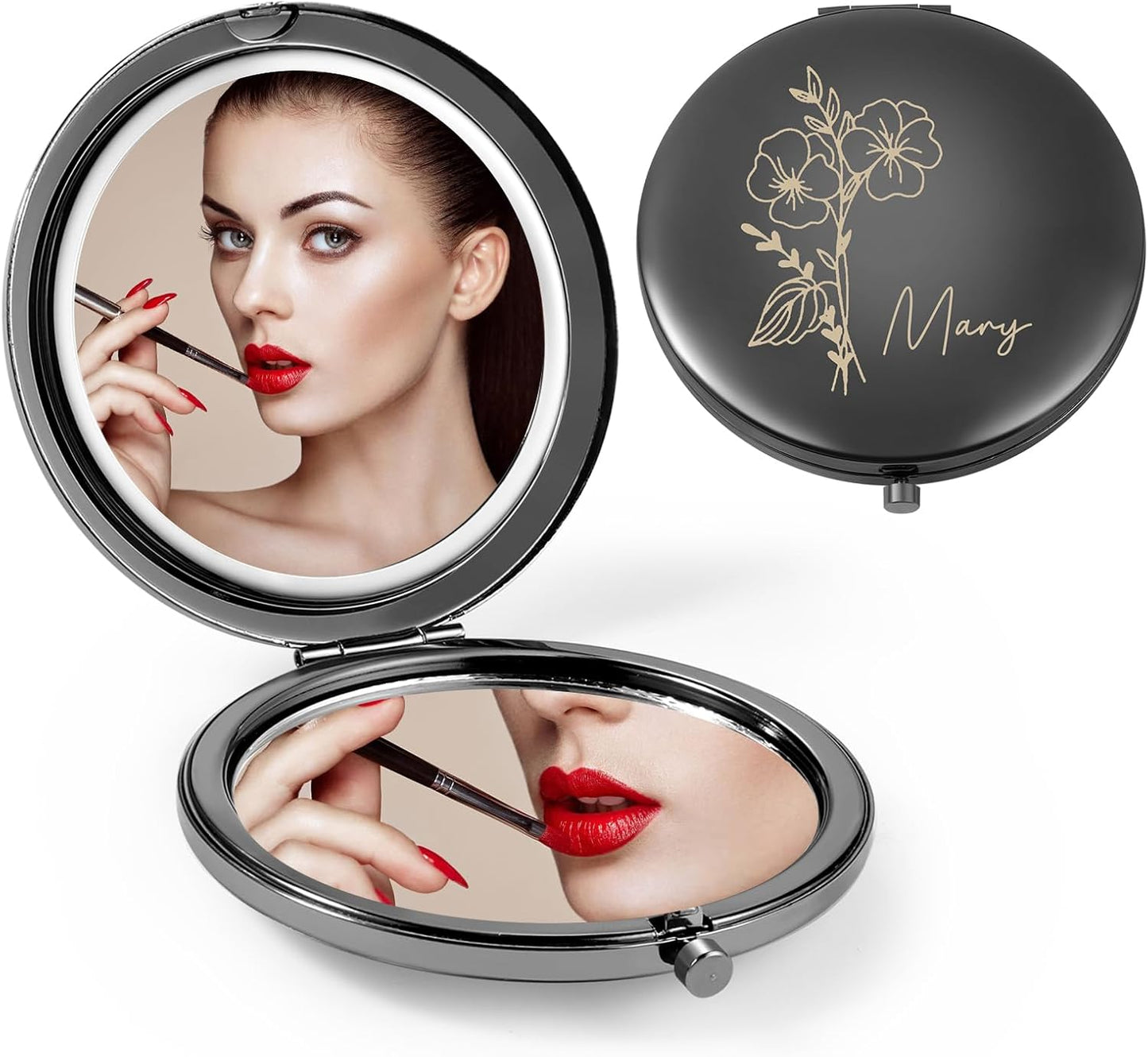 Skiennix Personalized Compact Mirror - Custom Birthflower Travel Makeup Mirror for Women | Black