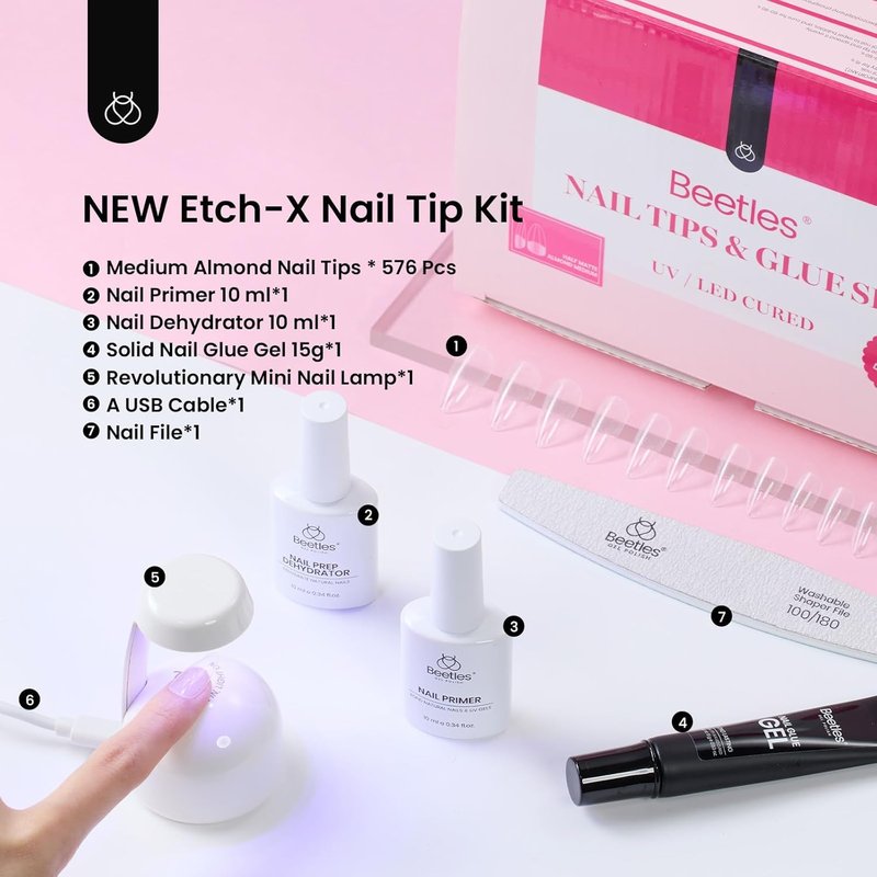 Beetles Gel Nail Kit - Medium Almond Tips with Dehydrator & Primer | 576 Pcs Easy DIY Nail Extension Set
