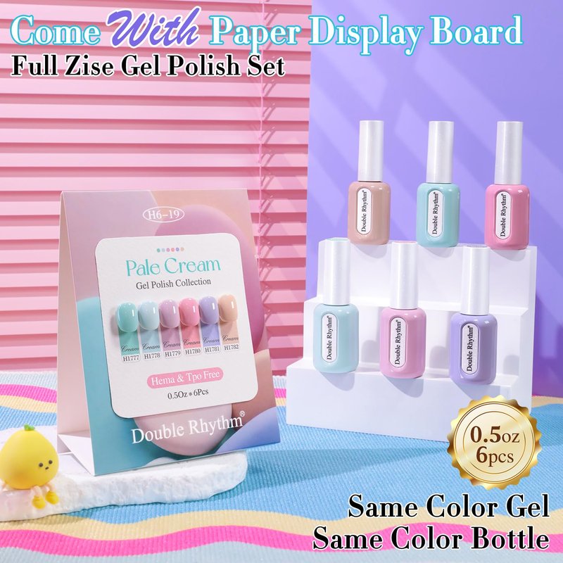 Double Rhythm Gel Polish Set - 6 Pcs Hema-Free Soak Off Nail Kit | Cream, Teal, Nude, Pink, Purple - 0.50 OZ Each