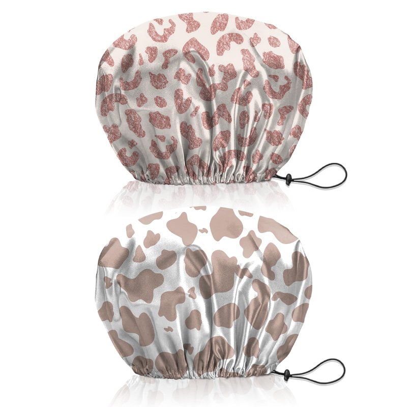 BHAHB 2 PCS Shower Cap Reusable Waterproof Double Layer Elastic Adjustable Hair Bath Caps Cute Aesthetic for Women Girls-Leopard