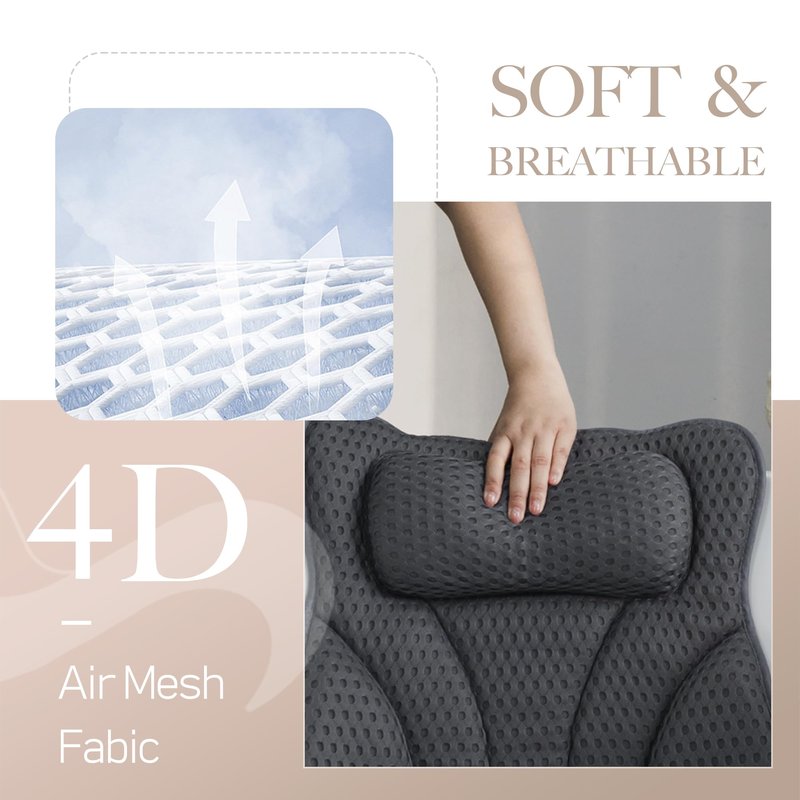 Joeyset Bath Pillows for Tub Head Neck Back Support, Bathtub Pillow 4D Breathable Air Mesh, Spa Relaxing Gifts for Women, Luxury Bathing Accessories with 6 Suction Cups and Hook (Gray)