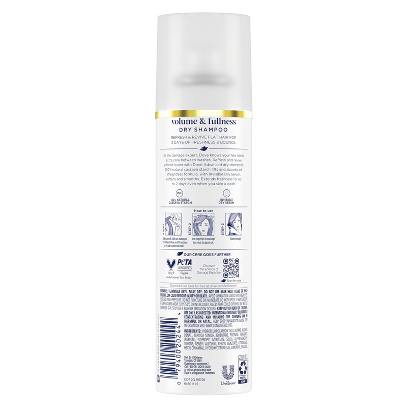 Dove Dry Shampoo Spray, Volume & Fullness, Absorbs Oil to Refresh Hair Without Washing, 5 oz (2-Pack)