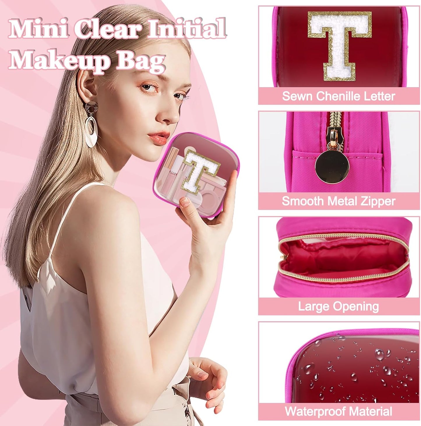 Skiennix Mini Clear Makeup Bag - Personalized Initials | Waterproof Nylon Travel Pouch (Hot Pink-White)