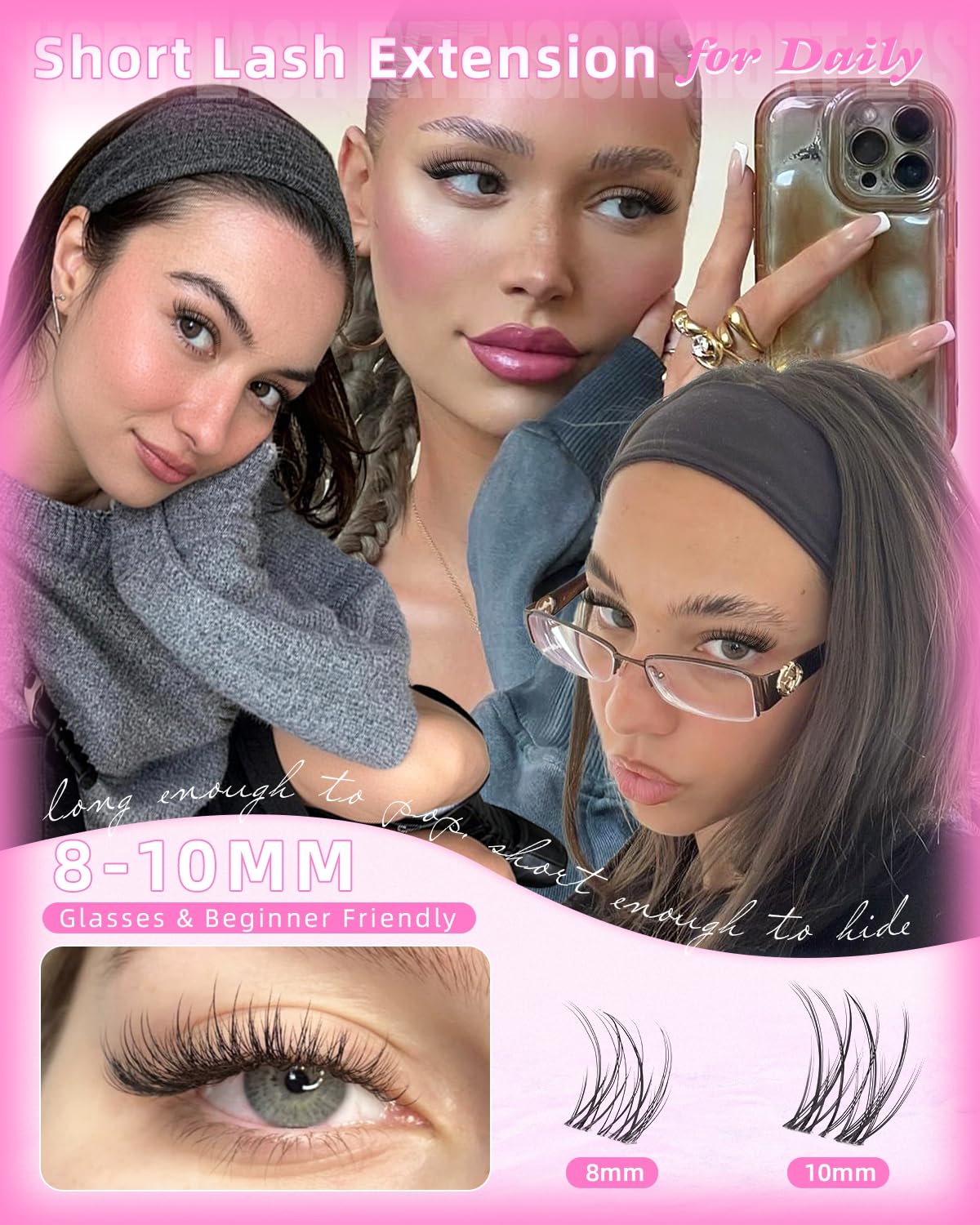 Wtvane Wispy Lash Clusters Short Cluster Eyelash Extensions 8-10mm Natural Lash Extensions Soft Clear Band Lashes Clusters C-Curly Individual Lashes Natural Lash Extensions Look Glasses Friendly