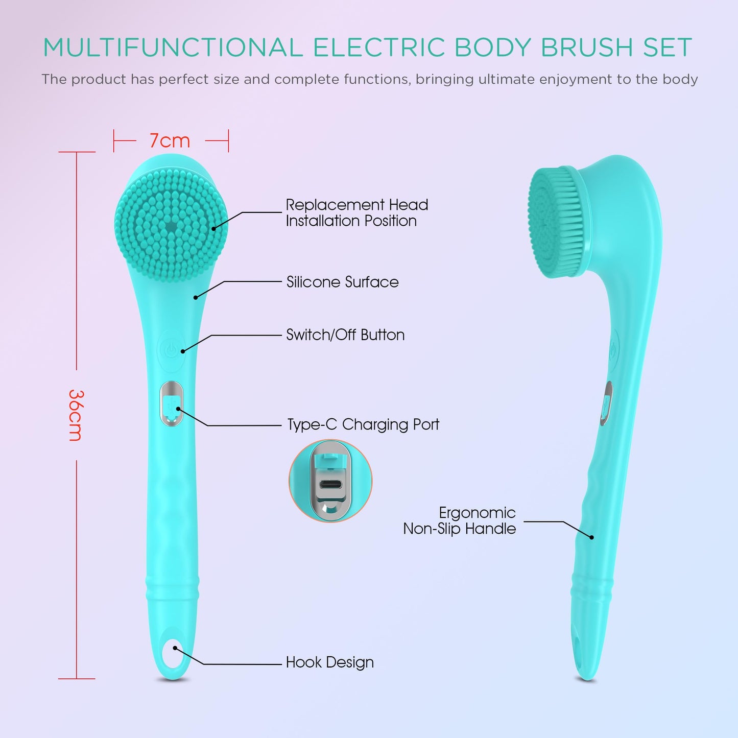 VOYOR Electric Body Brush Back Scrubber Silicone Body Scrubber Two-Way Rotating Brush Head for Deep Cleaning, Exfoliation, 4 Attachments Long Handle IPX6 Rechargeable Shower Brush BC300 (Blue)