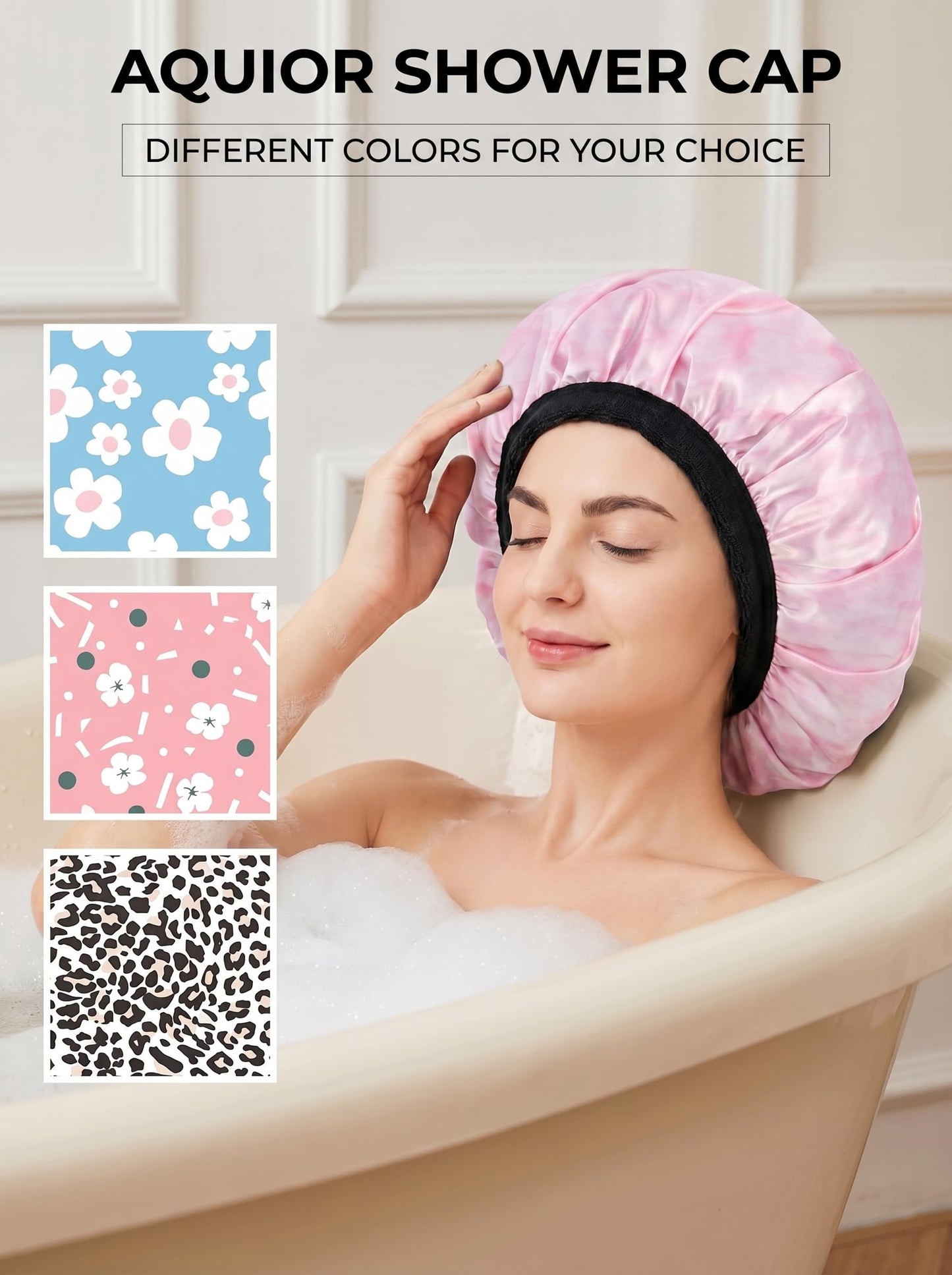 Aquior Shower Cap,Extra Large Triple Layer Bathing Cap with Dry Hair Function for Women Microfiber Terry Cloth Silky Satin 100% Waterproof Reusable Long Hair Bath Caps (Pink Cloud)