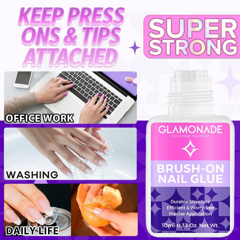 Glamonade Super Strong Nail Glue: Glue for Press Ons & Acrylic Nails & Fake Nail Tips - 10ml Professional Easy Long-Lasting Mess-Free Application Adhesive