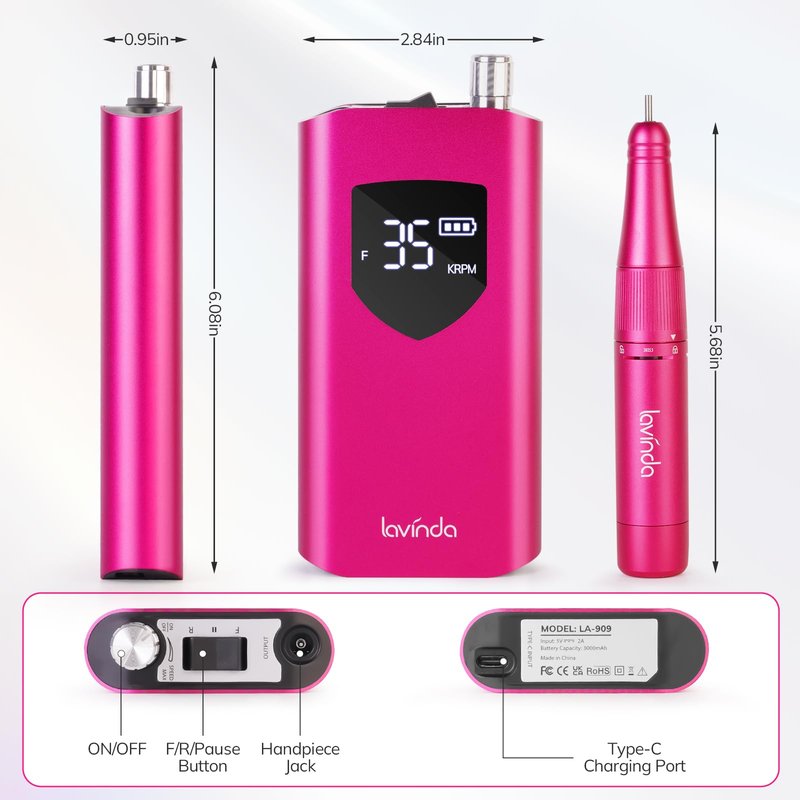 Lavinda Professional Nail Drill 35000 RPM, Cordless Rechargeable Electric Nail File for Acrylic Gel Nails, Efile Nail Drill Machine for Home and Salon Use (Viva Magenta)