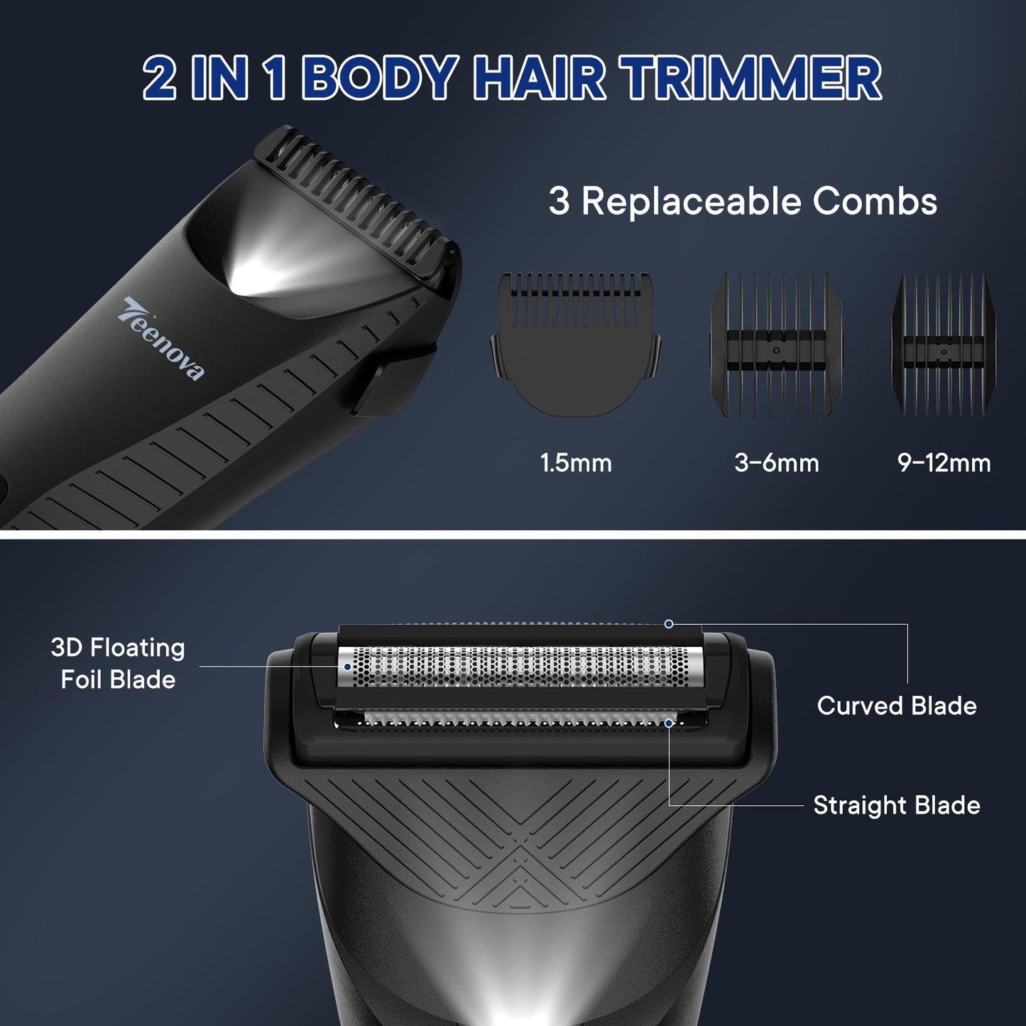 TEENOVA Pubic & Body Hair Trimmer for Men, 2 In 1 Electric Ball Groin Razor Shaver with Ceramic Blade, No Nick Mens Grooming Kit for Wet/Dry Use, Cordless Charging Body Groomer with Led Display, Black