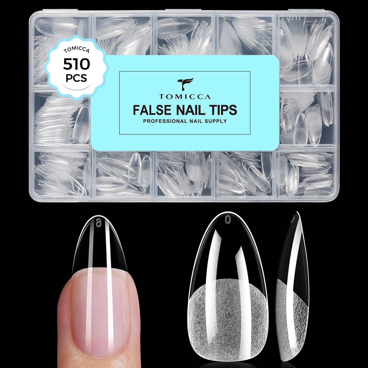 TOMICCA Medium Almond Nail Tips, 510Pcs 15 Sizes Pre Shaped Half Matte Soft Acrylic Gel Nail Tips Almond Shape Clear Press on Nails Extensions Full Cover False Tips for Manicure Salon DIY at Home