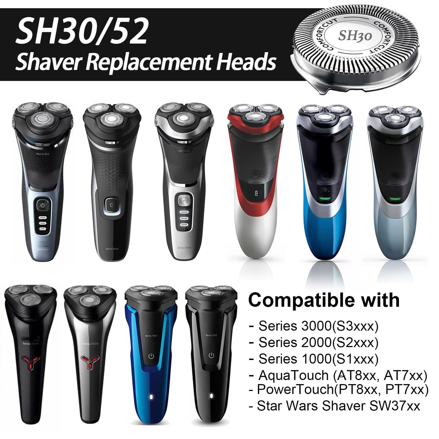 SUPERNB SH30 Shaving Heads for Philips Norelcos Series 1000, 2000, 3000 and 5000X Razors, Shaver Replacement Blades with High Performance - Shave Wet and Dry, 6Packs.