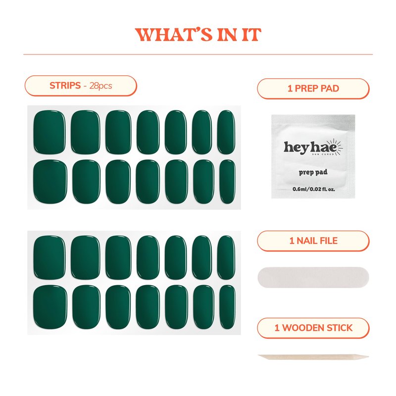 Heyhae Semi Cured Gel Nail Strips | No LED Lamp Needed | Solid, Green | Easy Apply & Remove, Salon Quality | Includes 28 Strips, 1 Prep Pads, Nail File & Wooden stick - Hey, You're Glowing