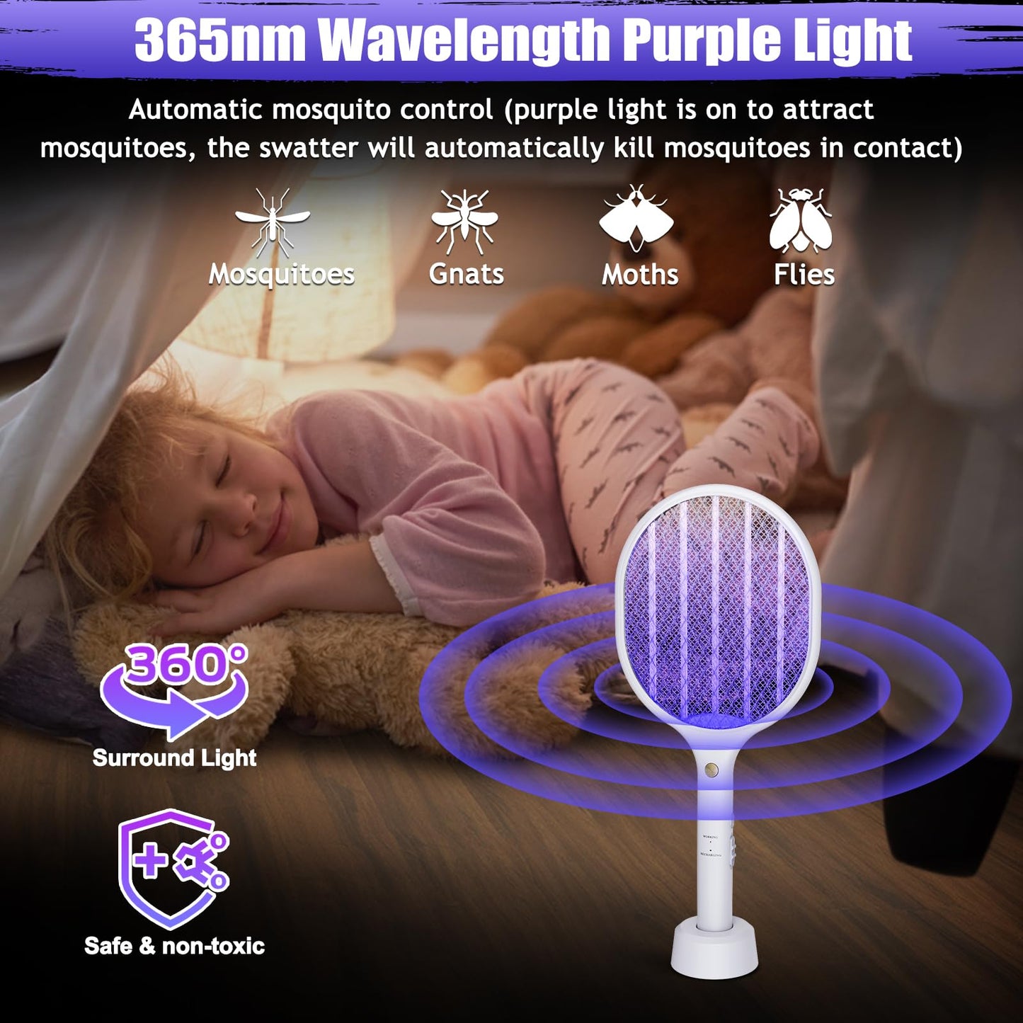 2 PCS 3000V Electric Fly Swatter Racket, 2 in 1 Bug Mosquito Killer Zappers USB Rechargeable, 1200mAh Mosquitoes Killer Lamp & Fly Zappers with 3 Layer