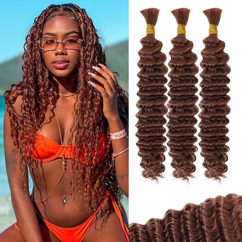 Skiennix Brown Human Braiding Hair - Deep Water Wave Bulk 16 Inch | Curly Boho Braids, 3 Bundles