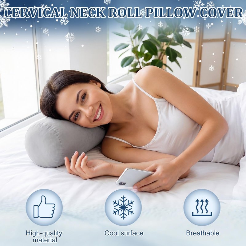Newwiee 2 Pcs Cooling Cervical Neck Roll Pillow Cover with Zipper (Pillow Case Only) 16 x 6 Inch Round Neck Roll Pillowcover Breathable Cylinder Soft Bolster Pillowcase for Cylindrical Cushion, Gray