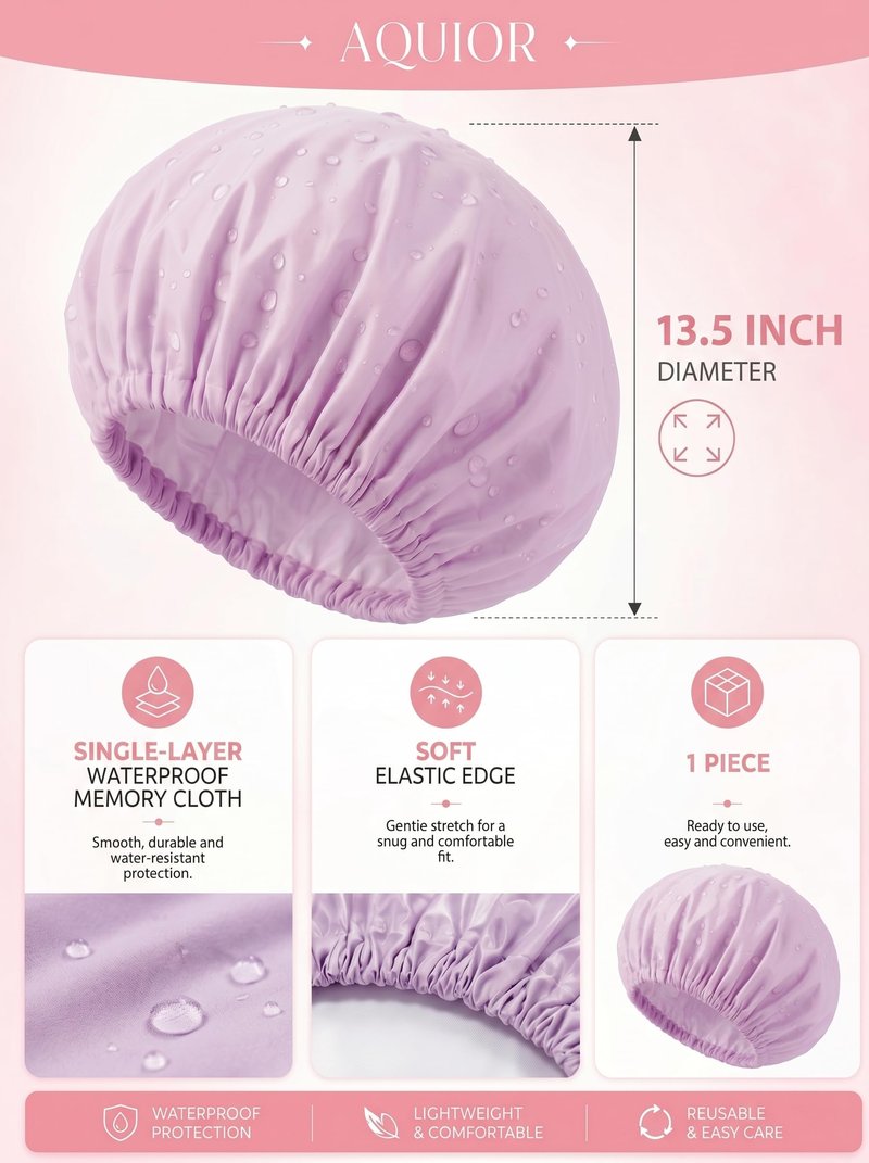 Aquior Shower Caps, Reusable Shower Cap for Women, Waterproof Layer Hair Cap, Large Size for All Hair Lengths,for Girls Spa Home Salon Use (Purple)