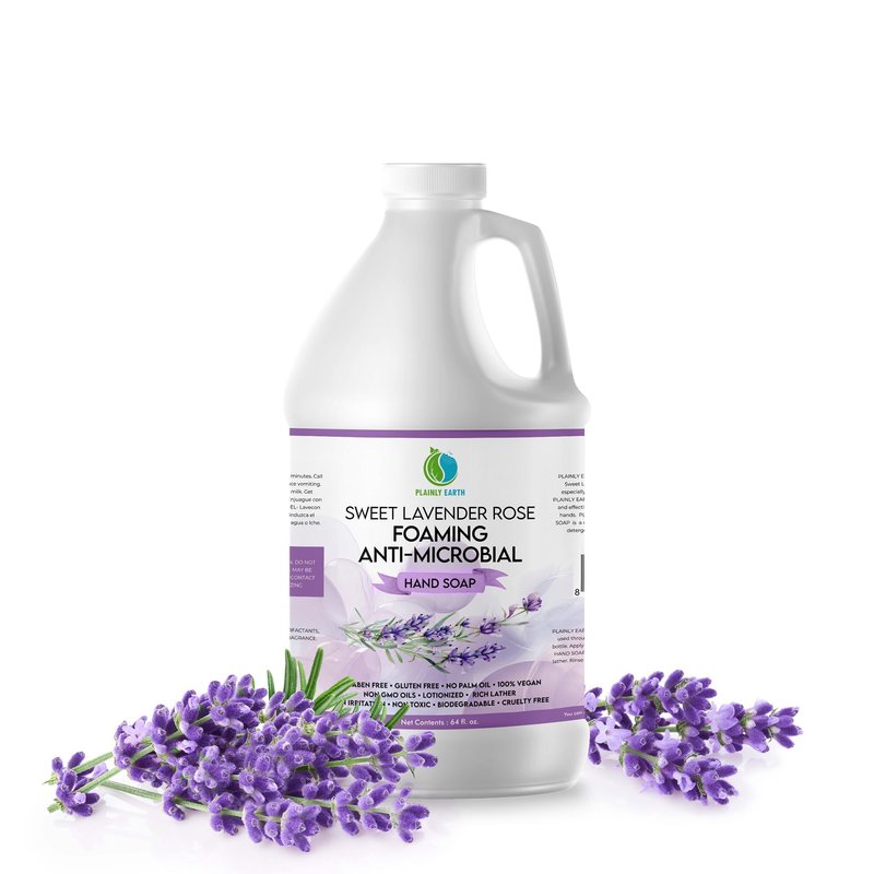 Plainly Earth AntiMicrobial Hand Soap 64 oz - Sweet Lavender Rose Gentle Foaming Liquid Hand Soap Refill Antibacterial - Moisturizing, Long Lasting Freshness & Safe for Skin
