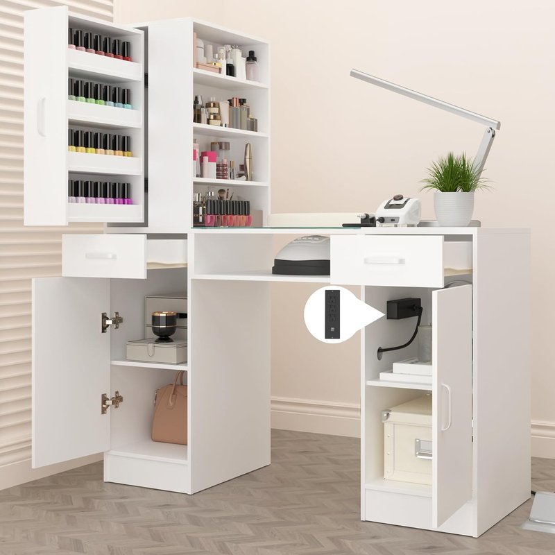 Nail Tech Manicure Table - Glass Top & Wrist Rest | Spacious Storage, Power Outlets, White