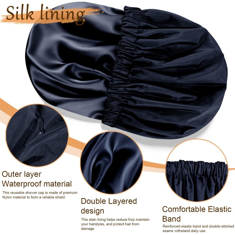 Doitory Shower Cap for Women, Reusable Waterproof Shower Cap Satin Lined with Soft Elastic Band, Large Washable Bath Caps(Navy Blue)
