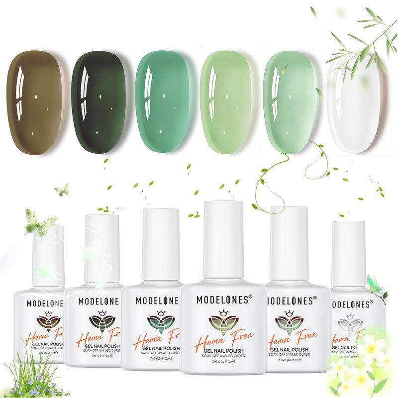 modelones Jelly Green Gel Nail Polish Set, Hema Free Sheer White Lime Olive Emerald Shade Mint Sage Green Gel Nail Kit 6 Transparent Colors Soak Off UV 2026 Spring Summer Nail Art DIY