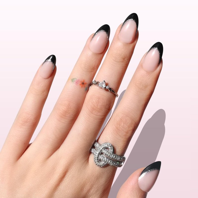 Press On Nails - Silver Lining Black Glitter French Tip | Short Almond Reusable Stick-On Nails, 16 Sizes - 32 Nail Kit for Women