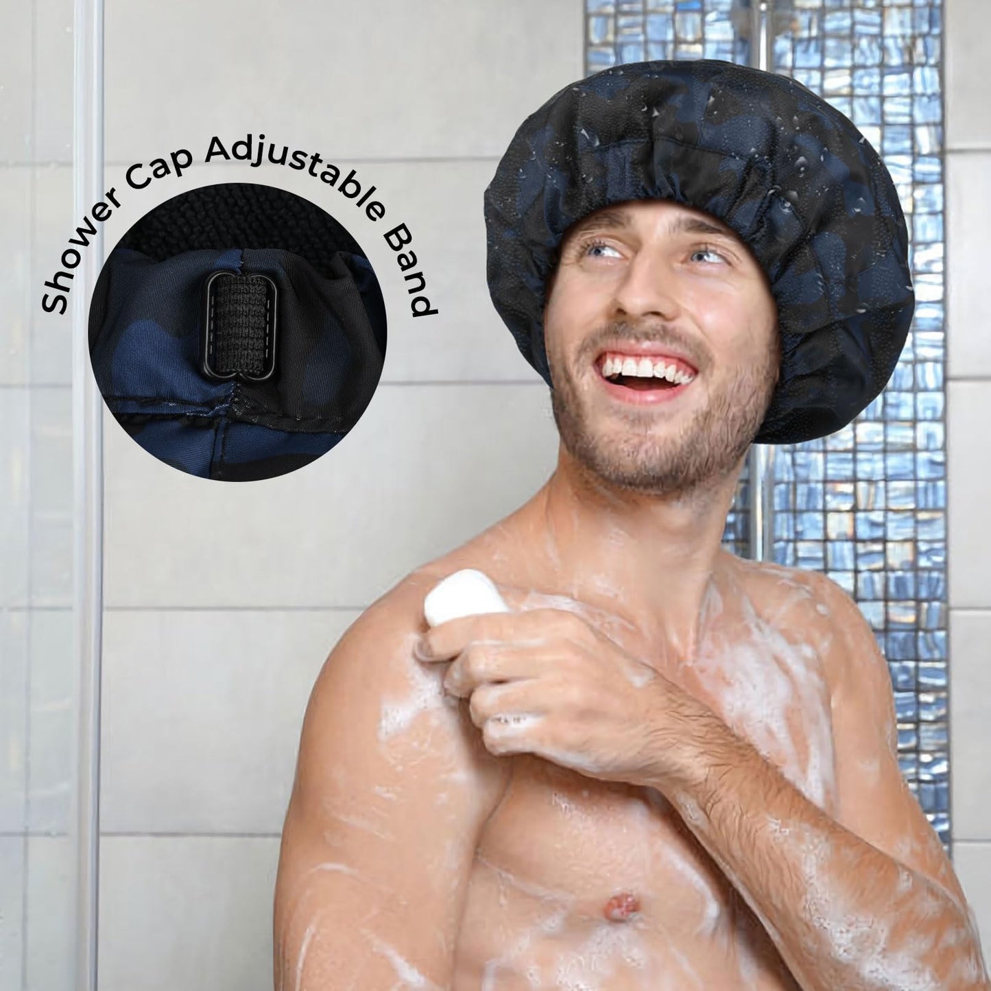 Shower Cap for Men Blue Camouflage Bath Cap, Reversible Large Waterproof Adjustable Shower Caps Terry Lining & Elastic Band Stretch Hem Hair Hat