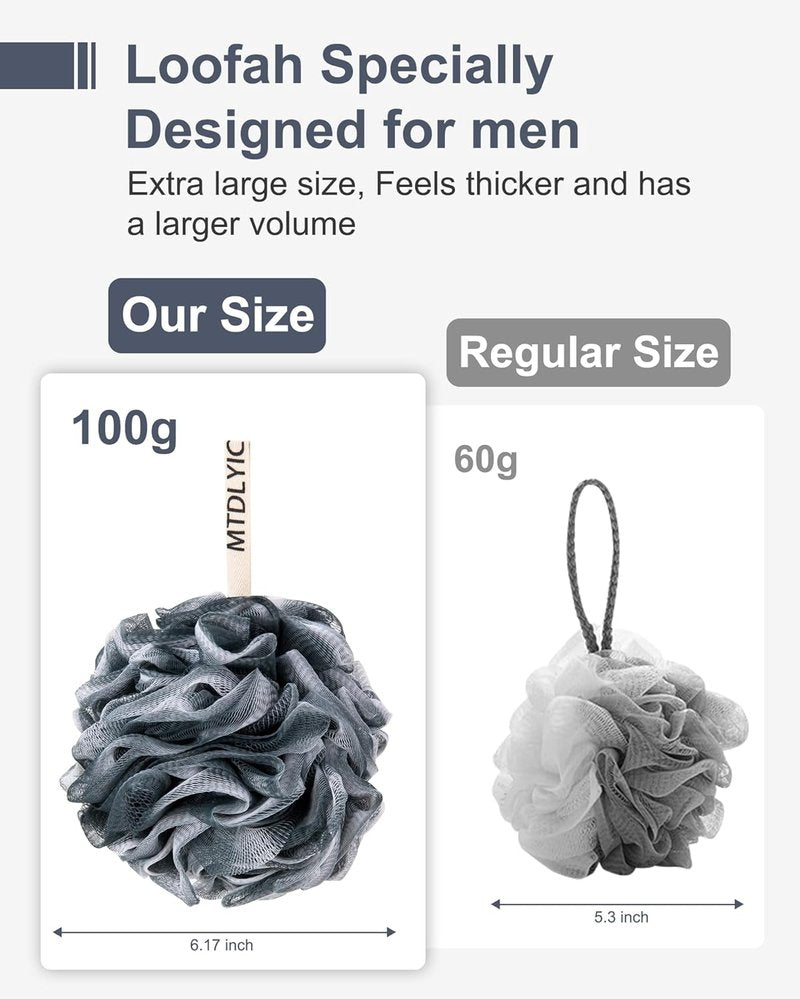 MTDLYICE Loofah Sponge - XXL Large Soft Mesh Bath Pouf | 100g 4 Pack for Men - Blue Gray Body Scrub