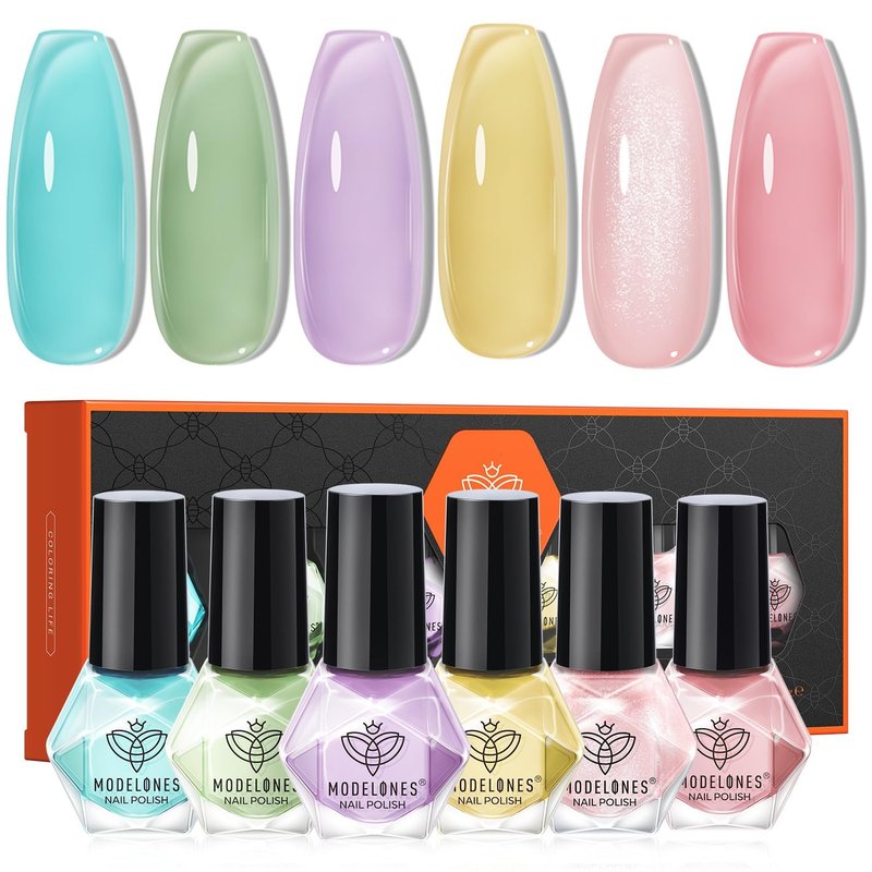 modelones Nail Polish Set, 6 Colors Jelly Nail Polish Kit Sheer Nude Pastel Pink Yellow Lavender Purple Baby Blue Mint Green Glitter Fingernail Polish 2025 Gifts for Women Salon DIY