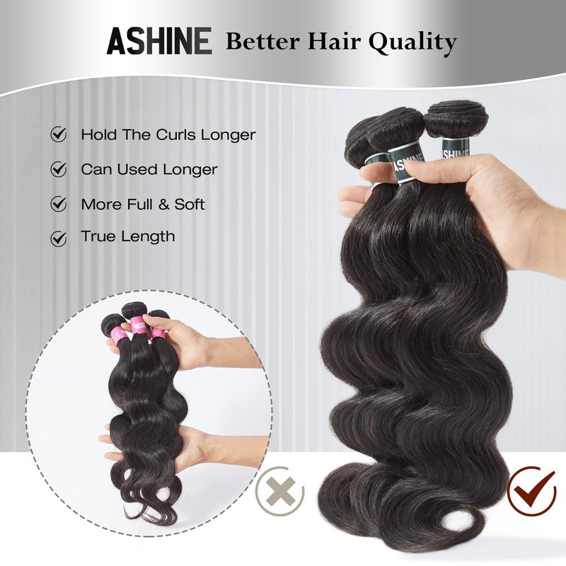 ASHINE Human Hair Bundles Body Wave, Unprocessed Cambodian Raw Hair Bundles for Women Natural Black 20 22 24 Inch, Keep Soft and Silky After Multiple Washes
