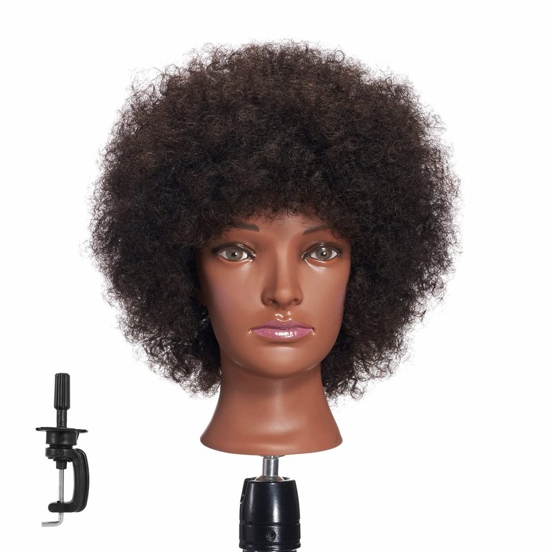 Skiennix Afro Mannequin Head - 100% Human Hair Training Doll for Cosmetology | Includes Clamp Stand