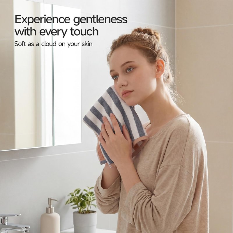 REDKISS 6 Pack Striped Wash Cloths - 13 x 13 Inch 100% Cotton Washcloths Set, Super Soft and Highly Absorbent Face Towels for Bathroom, Showering, Kitchen, Gym, Spa, Gray