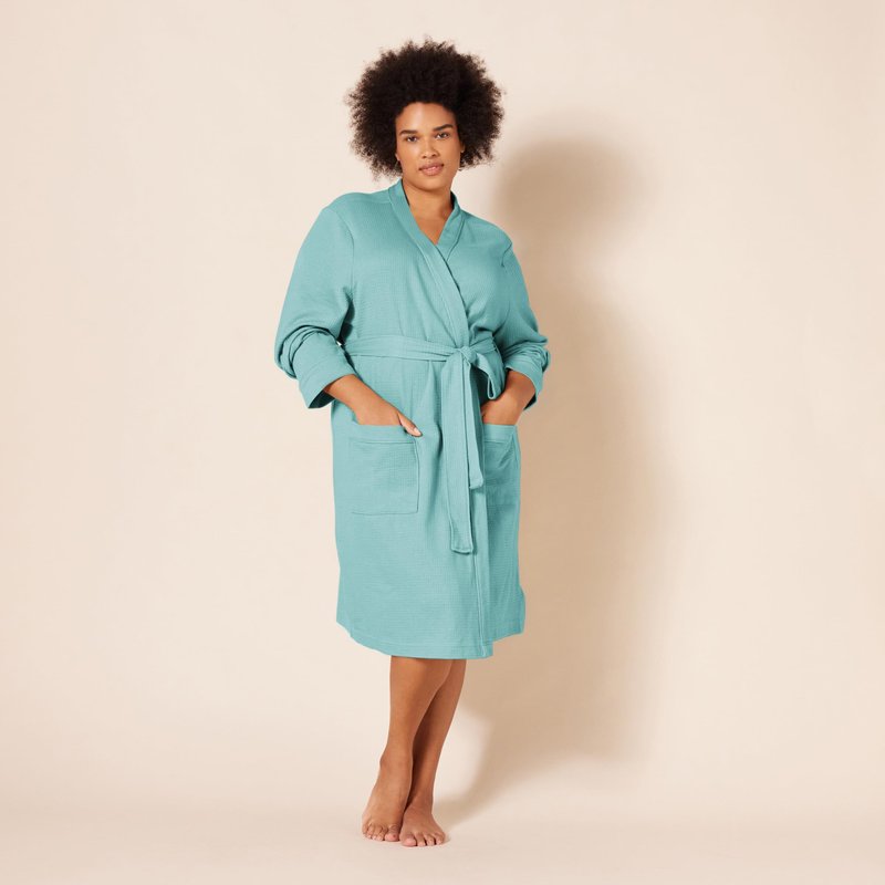 Amazon Essentials Women's Lightweight Waffle Mid-Length Robe, Teal Blue, Medium