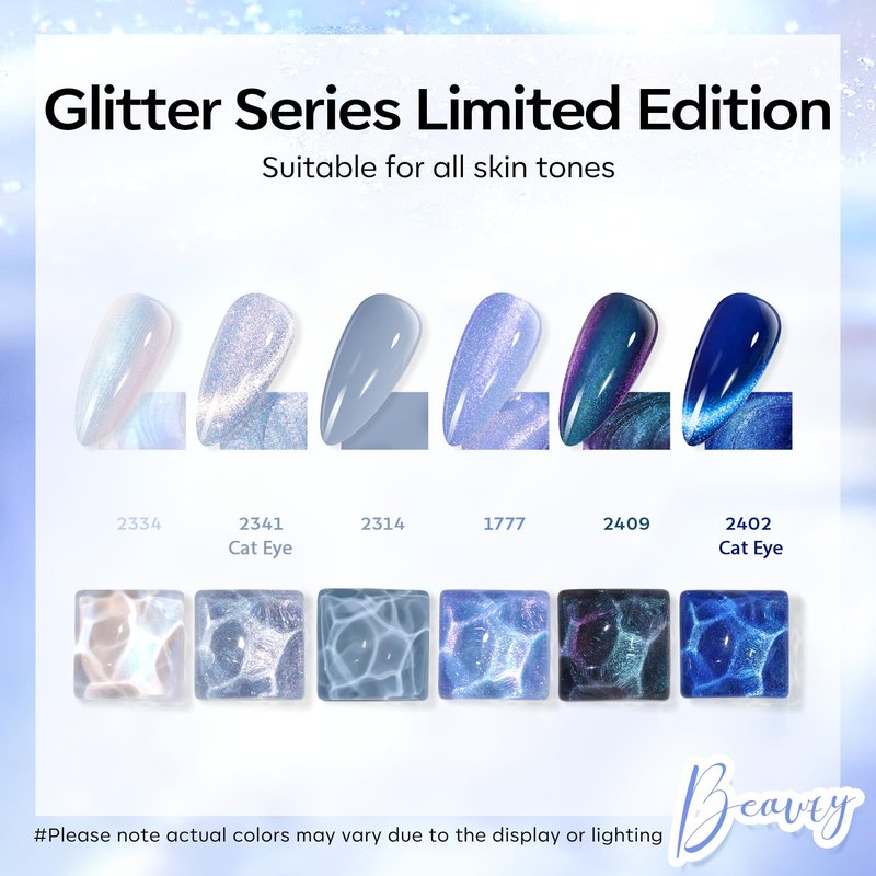 modelones Gel Nail Polish Set, 6 Colors Summer Icy Blue Collection Glitter Gel Polish Galaxy White Dark Blue 9D Cat Eye Nail Polish with Magnet Soak Off Led Nail Art Kit Salon DIY Gift