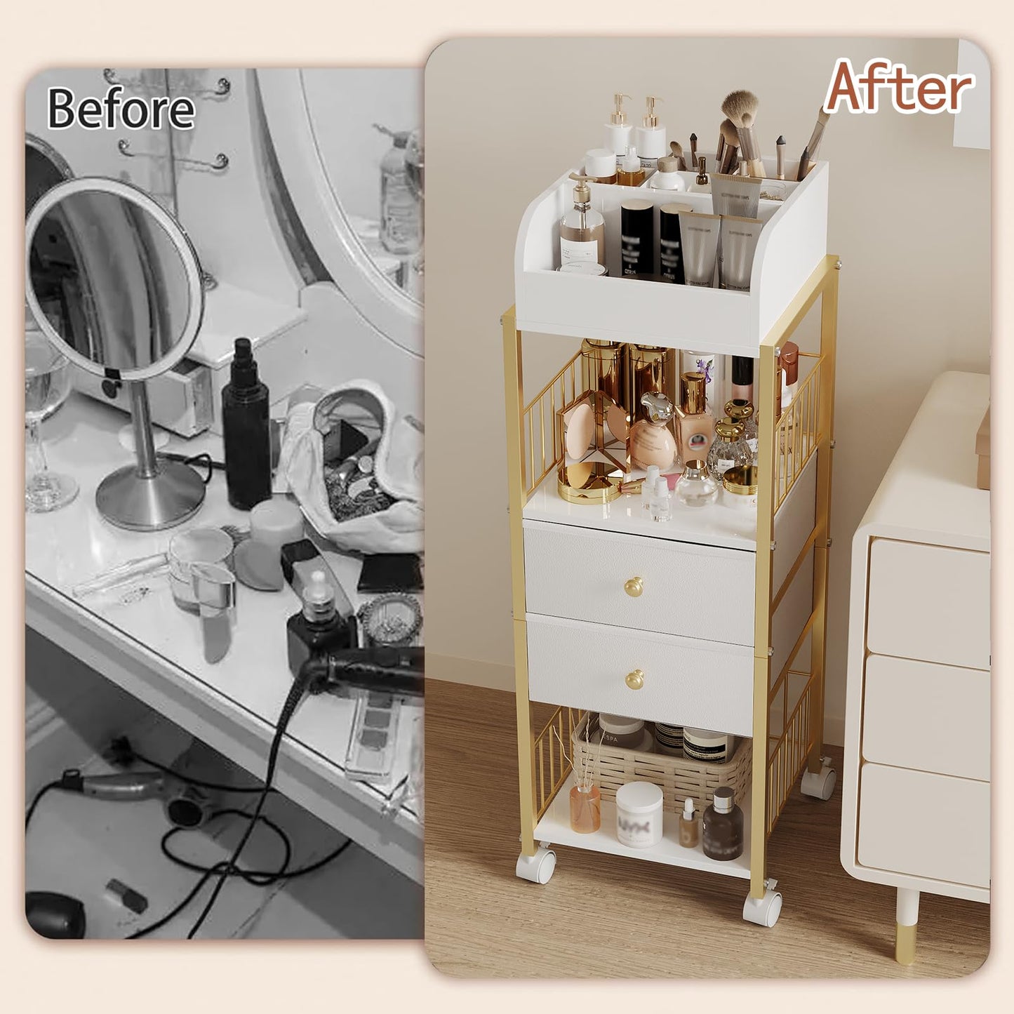 ZQUYAJ Makeup Organizer Storage Cart, Large Skincare organizers, Makeup Stand with Drawers, Makeup Vanity Organizer Cosmetics Display Cases Holder for Skin Care Nail Polish Perfume Makeup Brush (Gold)