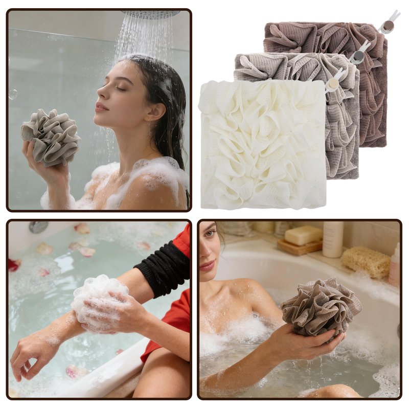 3 Pack 2 in 1 Loofah Washcloth with Drawstring, Soap Bar Loofah That Holds Bar Soap-Exfoliation Mesh Shower Ball, Reusable Shower Sponge for Body Wash (Coffee, Khaki, Beige)