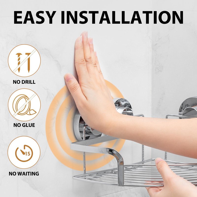LEVERLOC 2 Pack Powerful Suction Cup Corner Shower Caddy, Stainless Steel Rustproof Shower Shelf with Hooks, Drill-Free Wall Mounted Bathroom Organizer, Large Capacity Removable Suction Basket, Silver