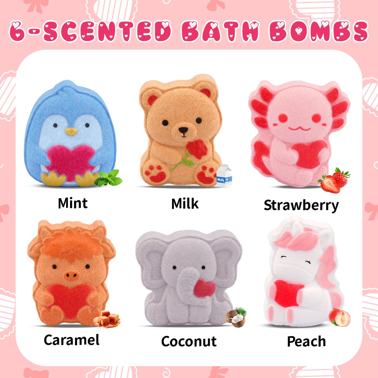 MUFEIRUO Valentines Bath Bombs,6pcs Relaxing Bubble Bath Bomb for Women,Animal-Shaped Hearts and Roses,Valentine's Day Birthday Gifts for Her Him